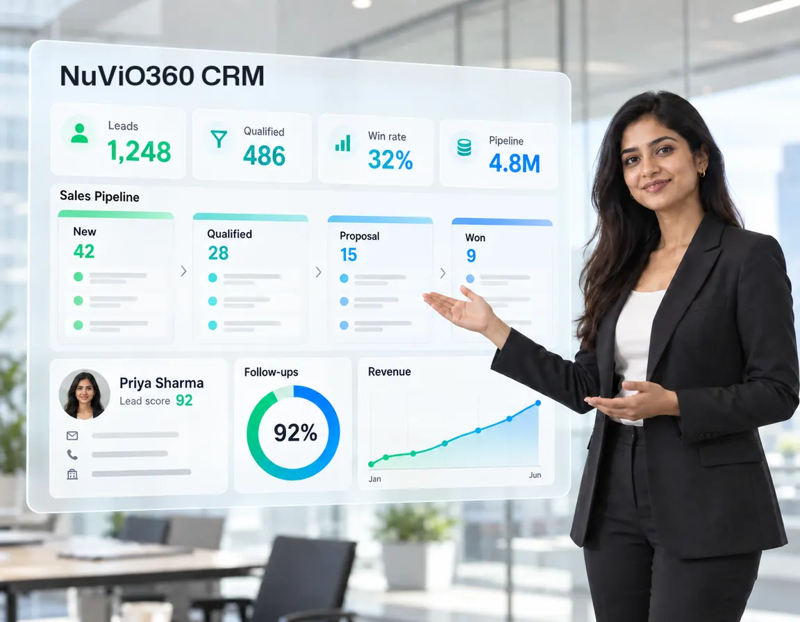 A sales lead presenting the NuViO360 CRM dashboard: 1,248 leads, a 32% win rate, a sales pipeline and rising revenue