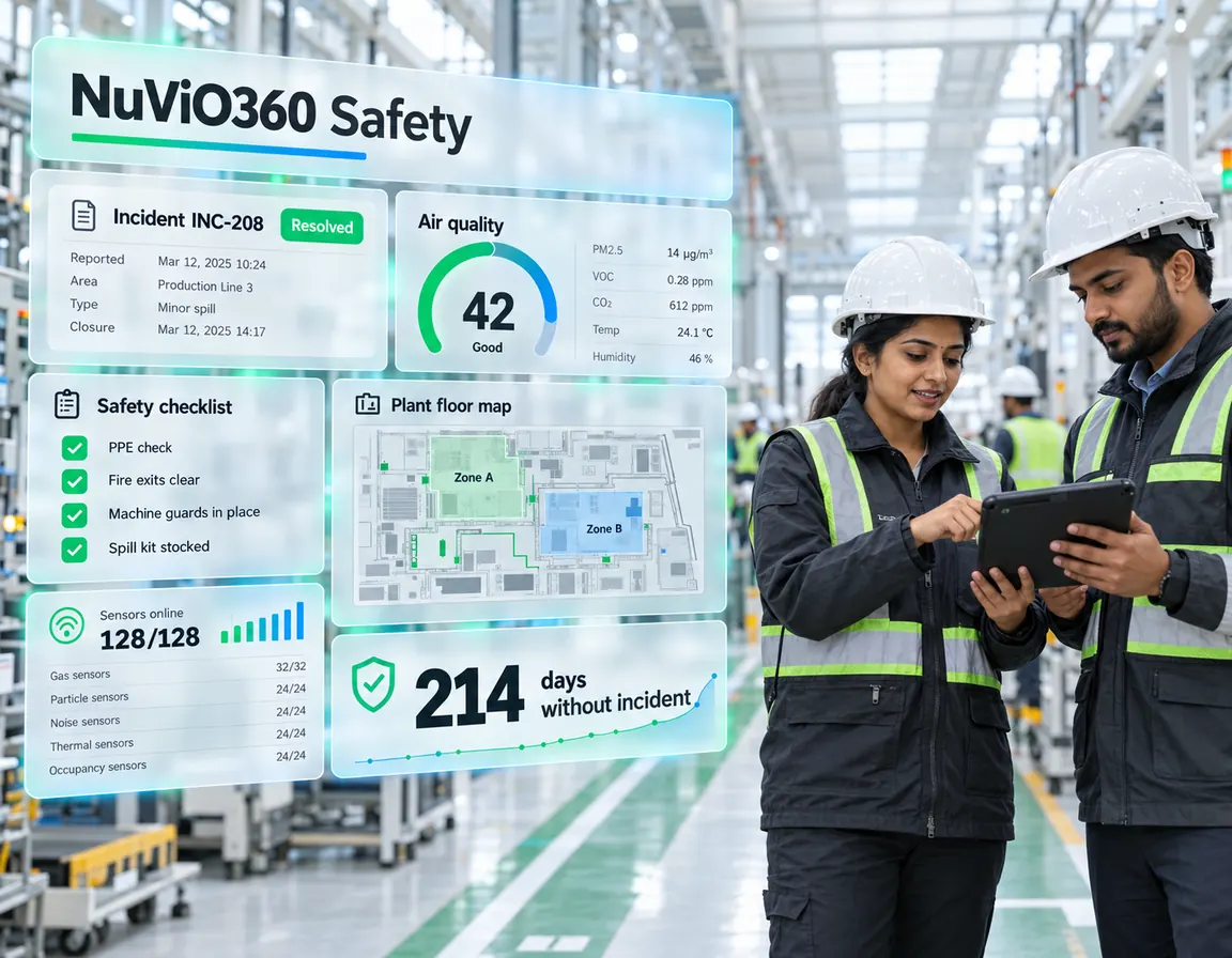Two safety officers on a factory floor beside the NuViO360 Safety dashboard: a resolved incident, a safety checklist and 214 days without incident