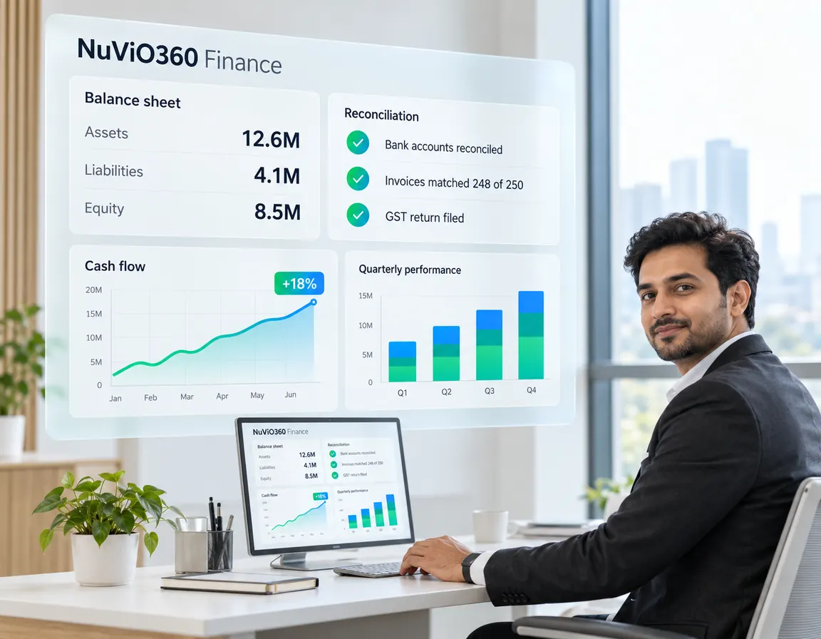 A finance manager beside the NuViO360 Finance dashboard: a balance sheet, completed reconciliations and cash flow up 18%