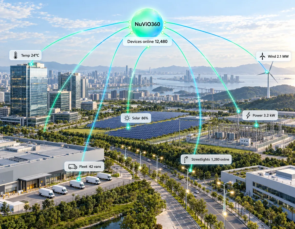 The NuViO360 hub linking 12,480 devices across a city, from solar farms and a wind turbine to streetlights and delivery vans