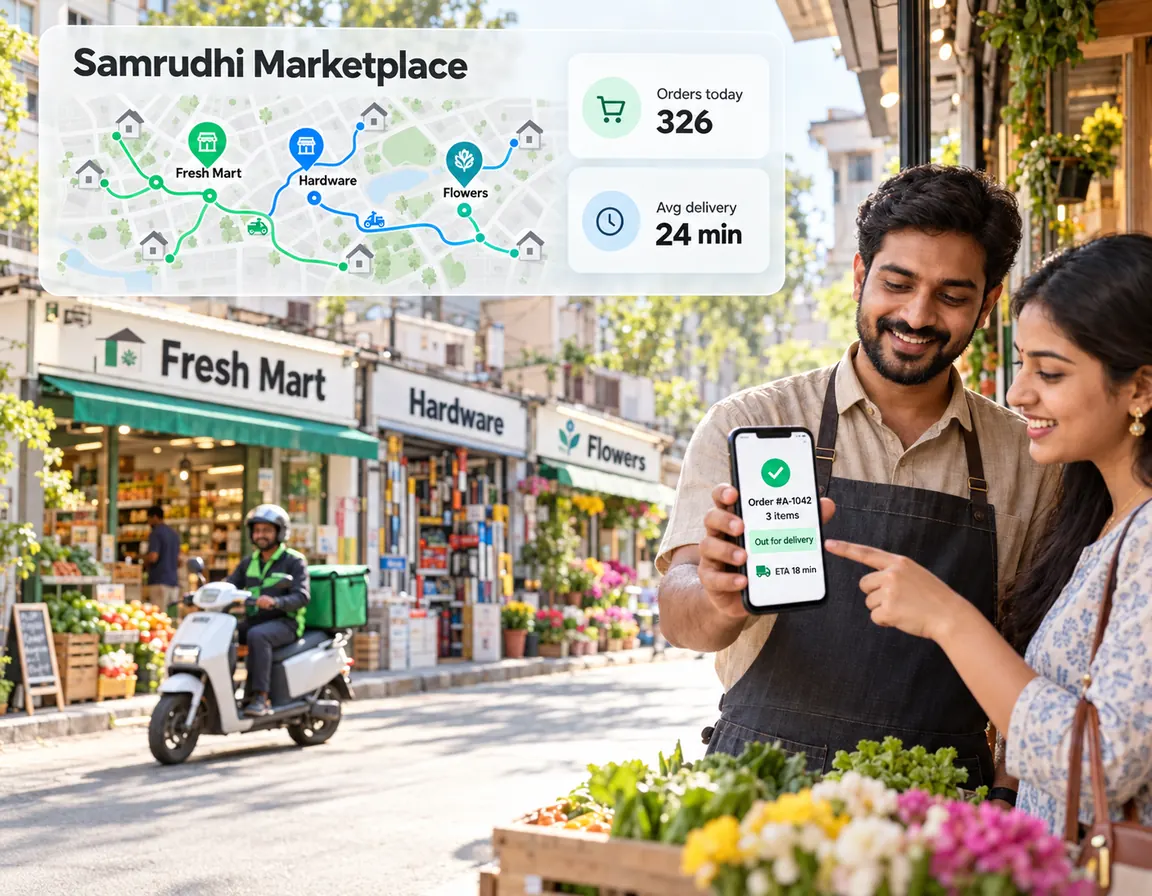 Samrudhi Marketplace routing orders from neighbourhood shops to homes, as a shopkeeper and a customer track an order out for delivery