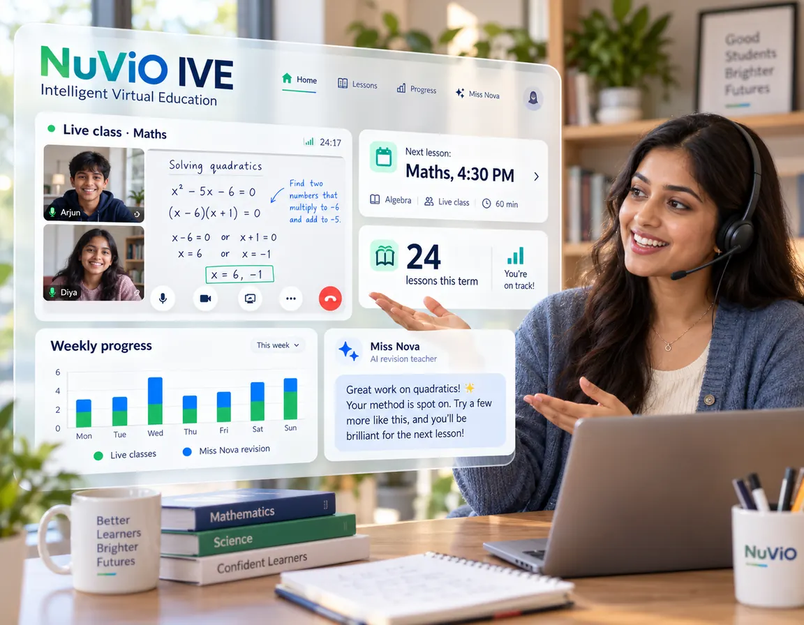 A teacher beside the NuViO IVE dashboard: a live maths class with two students and a whiteboard, the next lesson, 24 lessons this term, weekly progress and the Miss Nova AI revision teacher