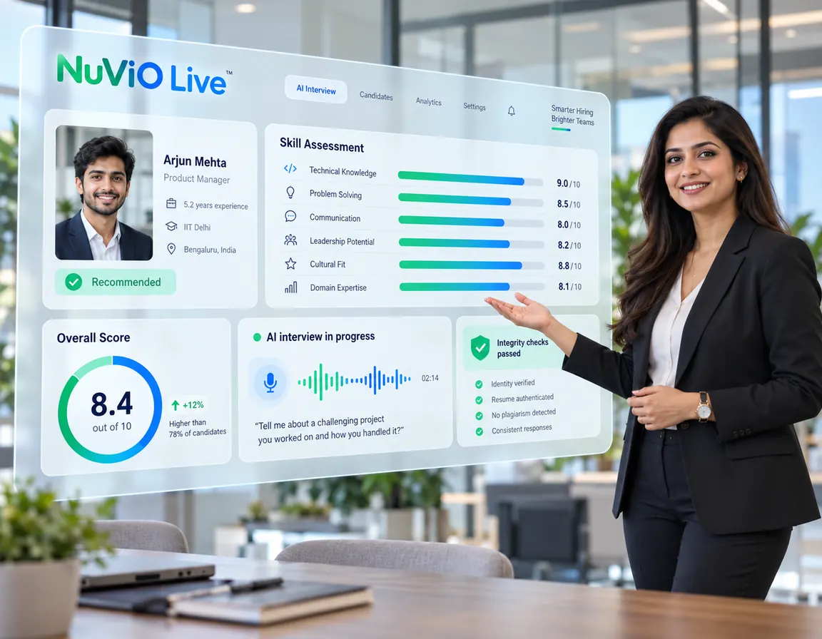 A recruiter presenting a NuViO Live interview report: a recommended candidate, six skill scores out of 10, an overall score of 8.4 and integrity checks passed