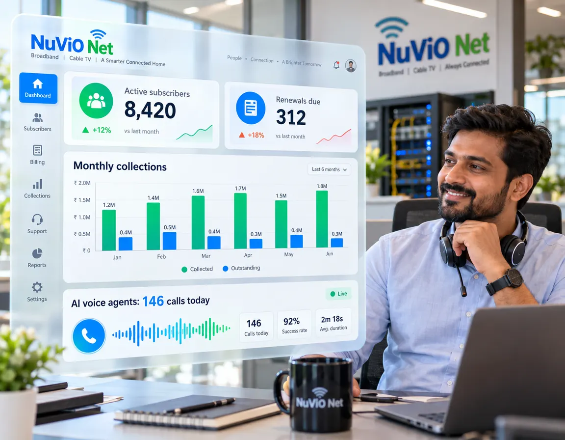 A broadband operator's front-office manager beside the NuViO Net dashboard: 8,420 active subscribers, 312 renewals due, monthly collections and 146 AI voice agent calls today