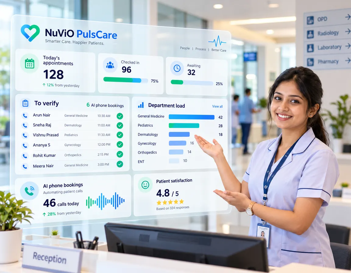 A hospital front-desk coordinator beside the NuViO PulsCare dashboard: 128 appointments today, six AI phone bookings to verify and the load on each department