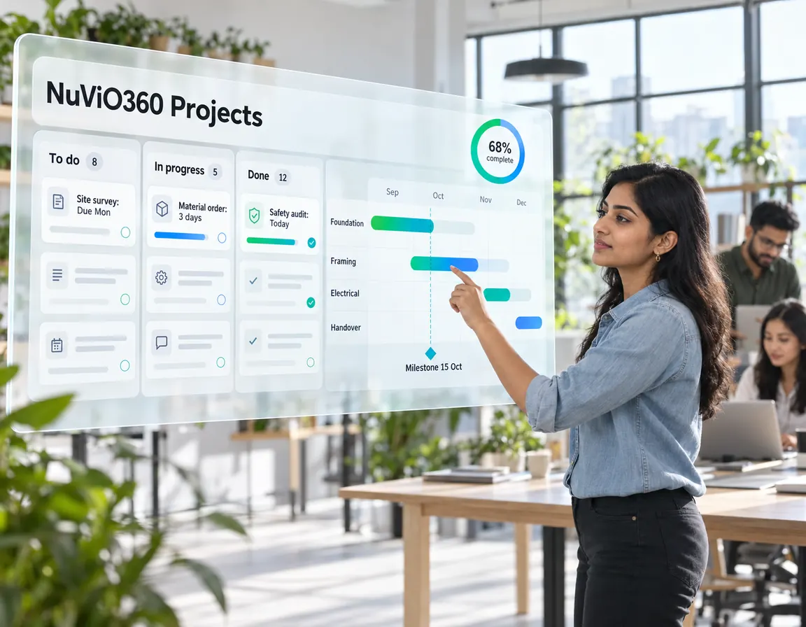 A project lead updating the NuViO360 Projects board, with task columns, a Gantt timeline and 68% of the work complete