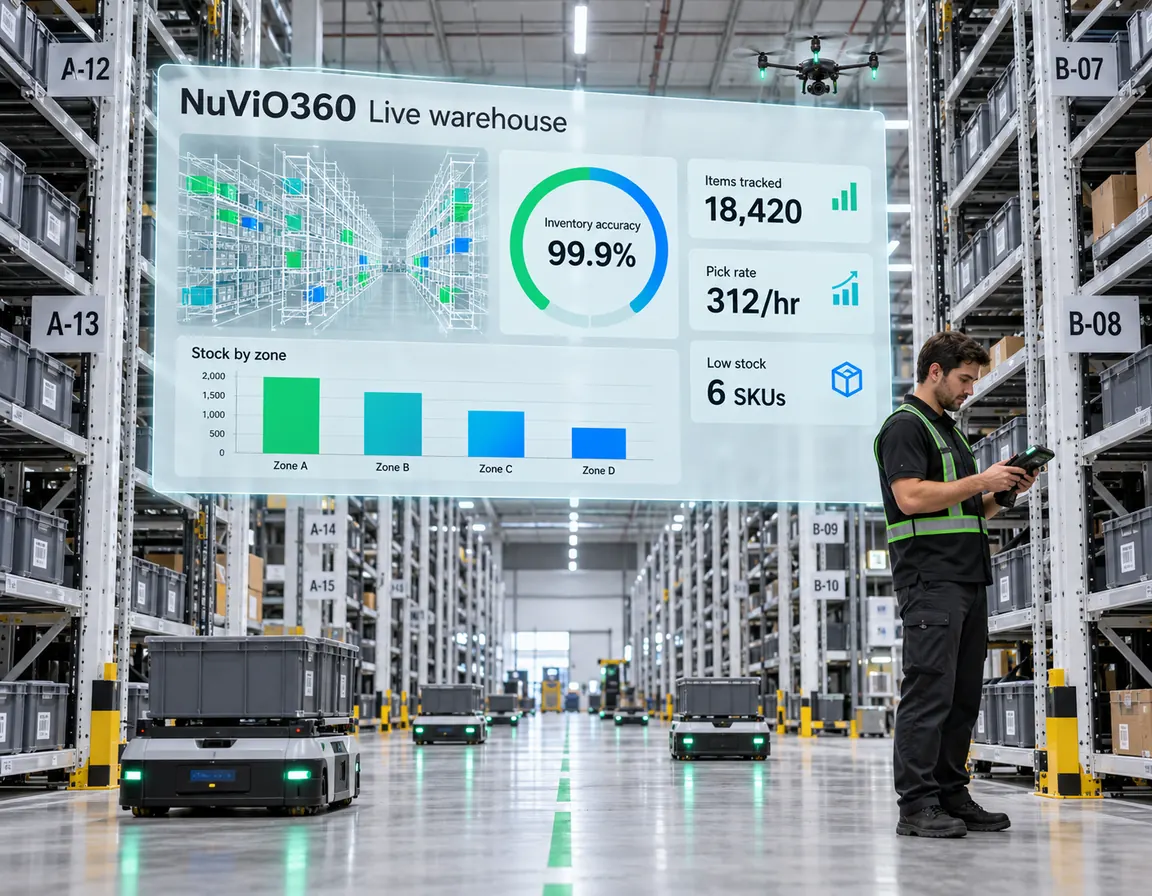 A live NuViO360 warehouse view showing 99.9% inventory accuracy above racking aisles served by robots